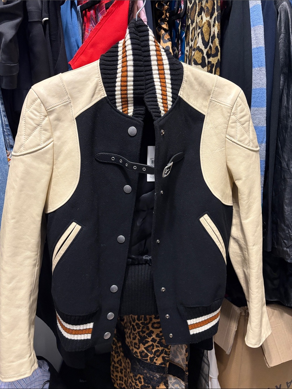 Coach Black Wool & Cream Leather Varsity Jacket